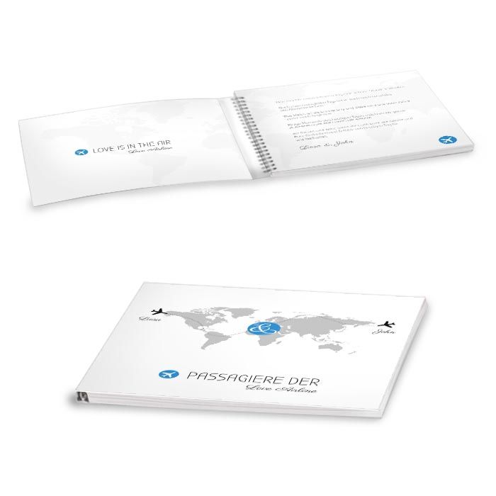 Gästebuch mit Umschlag mit Weltkarte und Flugzeugen in Blau